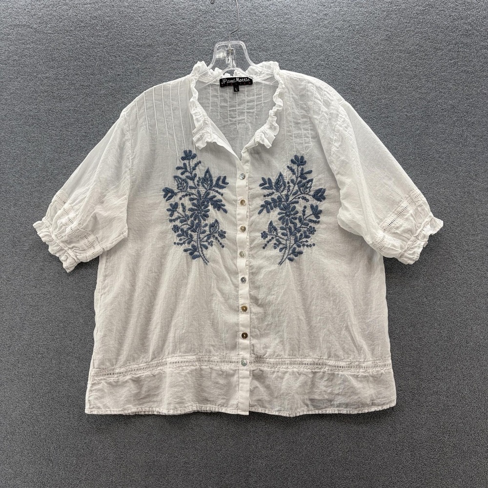 JP and Mattie Blouse Womens Large White Blue Embroidered Ruffle Relaxed Cottage